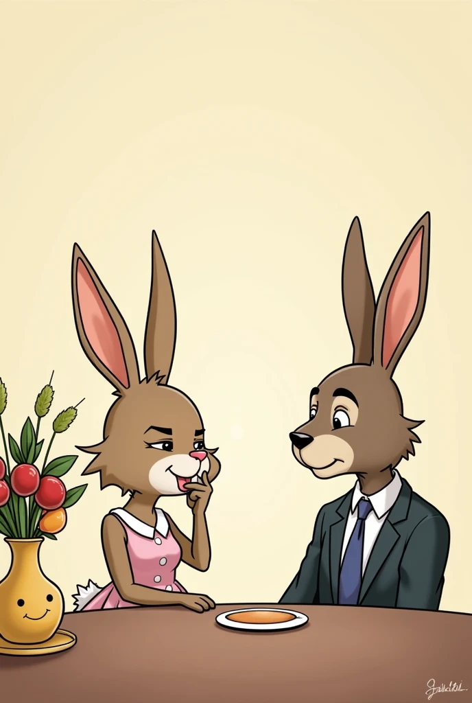 draw a funny cartoon bunny in a dress, sits on a chair at the table, propping up his muzzle with his paw , on the table a vase of fruit smiles and looks at the funny cartoon hare in a suit sitting opposite, who tells something