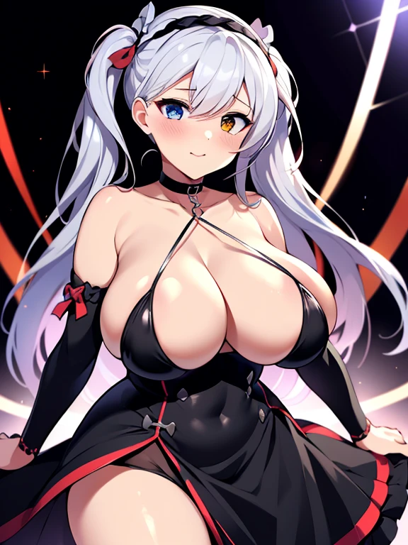 ((1girl)),(belfast),Very detailed,High resolution,4K,8k,masterpiece,High resolution,((Anatomically correct number of limbs),(Anatomically correct number of fingers)), ((silver hair, twintails), (gothic lolita,),(heterochromia), hairband,  red ribbon,cleavage, black choker, bare shoulders, red dress, red bow, detached sleeves),(shiny),((huge breasts),beautiful breasts,curvy),(Brightly colored lights,Dance Stage),spoken heart