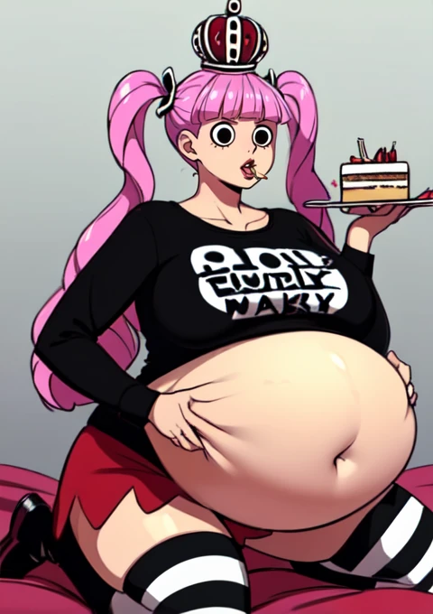 (masterpiece, best quality), 1girls, big belly, blurry background, huge belly, art by kipteitei, round belly, chubby, curvy, pink pony tails, red mini skirt, black and white striped thighhighs, simple_background, gradient_background, belly bursting out of white long sleeved reglan tee shirt ,(((black and white long sleeve tee shirt))), wearing a black and red crown , enormous belly, fat belly, thicc, bigger belly, really big belly, jiggly belly, giant huge belly, big enormous belly, ((((gigantic belly)))), bloated belly, fat belly, ginormous big belly, expanding big belly, sfw, safe for work, kneeling on bed, sfw (safe for work), perona , (((a person out of frame is feeding her cake, cake is being shoveled into her mouth, her lips are closed around a slice of cake, a platter of cake, she has her mouth open wide f))), sweating, blushing, (mouth open wide, she is saying aaah), ((her belly is being grabbed and played with by floating hands)), she is wearing red tall laced up boots
