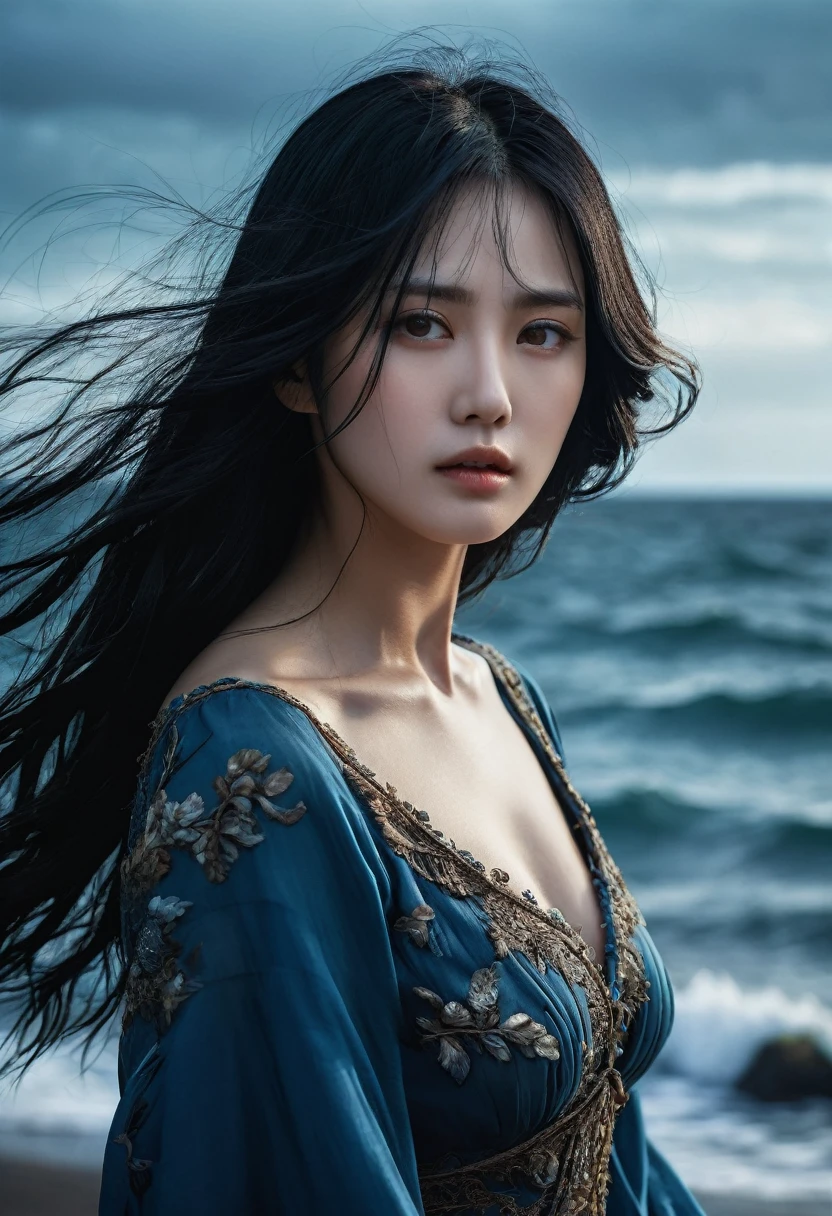 (1 character), genius extremely beautiful idol lady Keiko, (long blue and black hair, brown eyes, beautiful face), 1 genius extremely beautiful idol girl Keiko, vacant expression (on one's face), long sideburns, plants, long blue dress, 3d, dark ocean, water, blue Ball, sea shells, windy, intricate details High Quality, 8k, Realistic, Ultra-Detailed, Dramatic Lighting, Soft Focus, Digital Illustration, Intense Expression, Strong Gaze, Intense Emotion, Complex Mechanics, Advanced Technology, Dark Background, Cinematic, High Contrast, Moody, Strict, Atmosphere, (Best Quality, 4k, 8k, High Definition, Masterpiece: 1. 2 ), ultra-detailed, (realistic, graphic, photorealistic:1.37) --no glass