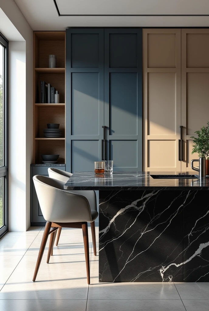 Professional 3d architecture rendering design of modern kitchen with So dark blue vintage and dark beige and dark gray cabinets and modern so light gray design chairs shiny black marble island island and modern windows and complete showing kitchen and showing complete kitchen and modern windows and showing complete kitchen