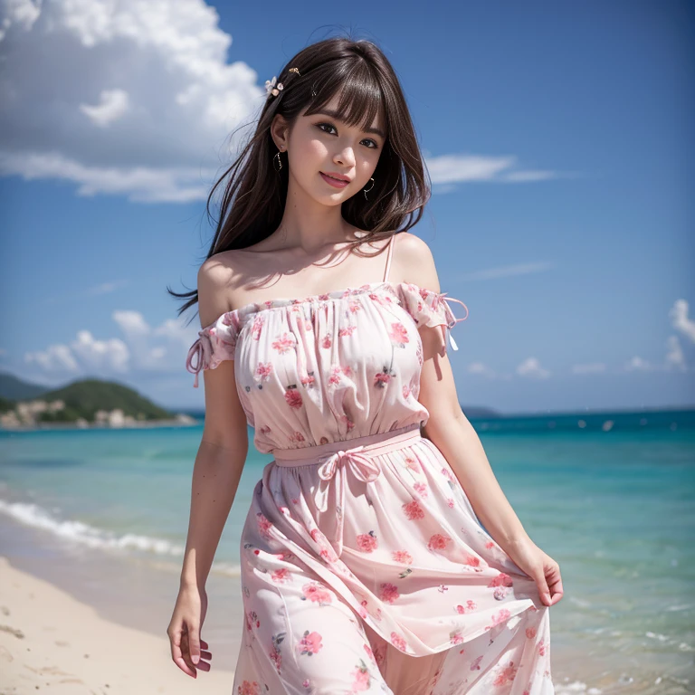 laughing out loud，travel scenery photos，Wear a sweet dress，Dress with pink flower pattern，Floral pattern scattered throughout the dress，Puff sleeves，Princess puff sleeves，Short sleeve，One-piece hem A-line skirt，（There is a layer of transparent mesh outside the skirt）, Fluffy and lightweight dress，（The dress is made of mesh）, There are pink ribbon bows on both sides of the collarbone.，A-line skirt with large hem，1 female, On the face, light brown hair, blunt bangs, hair behind ears, Shoulder-length hair, long hair, Slender body type, 超face slimming型, face slimming, delicate lips, beautiful eyes, Thin blush, Eyes are light brown,View here, (actual:1.3), One person's perspective, 8k, Super detailed, high quality, best quality, High resolution，2,above knee shot，Breast protrusion，Full breasts