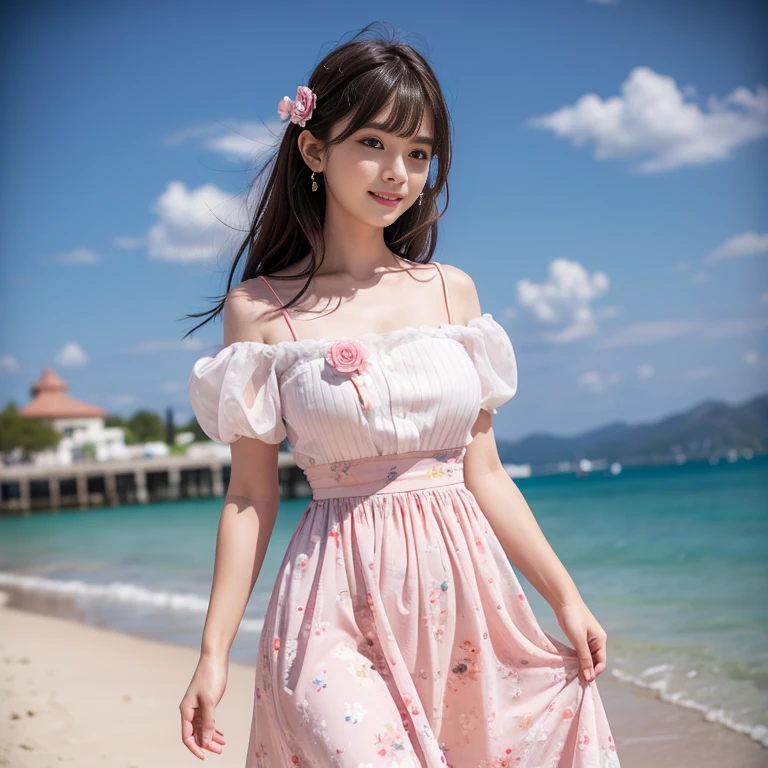 laughing out loud,travel scenery photos,Wear a sweet dress,Dress with pink flower pattern,Floral pattern scattered throughout the dress,Puff sleeves,Princess puff sleeves,Short sleeve,One-piece hem A-line skirt,(There is a layer of transparent mesh outside the skirt), Fluffy and lightweight dress,(The dress is made of mesh), There are pink ribbon bows on both sides of the collarbone.,A-line skirt with large hem,1 female, On the face, light brown hair, blunt bangs, hair behind ears, Shoulder-length hair, long hair, Slender body type, 超face slimming型, face slimming, delicate lips, beautiful eyes, Thin blush, Eyes are light brown,View here, (actual:1.3), One person's perspective, 8k, Super detailed, high quality, best quality, High resolution,2,above knee shot,Breast protrusion,Full breasts