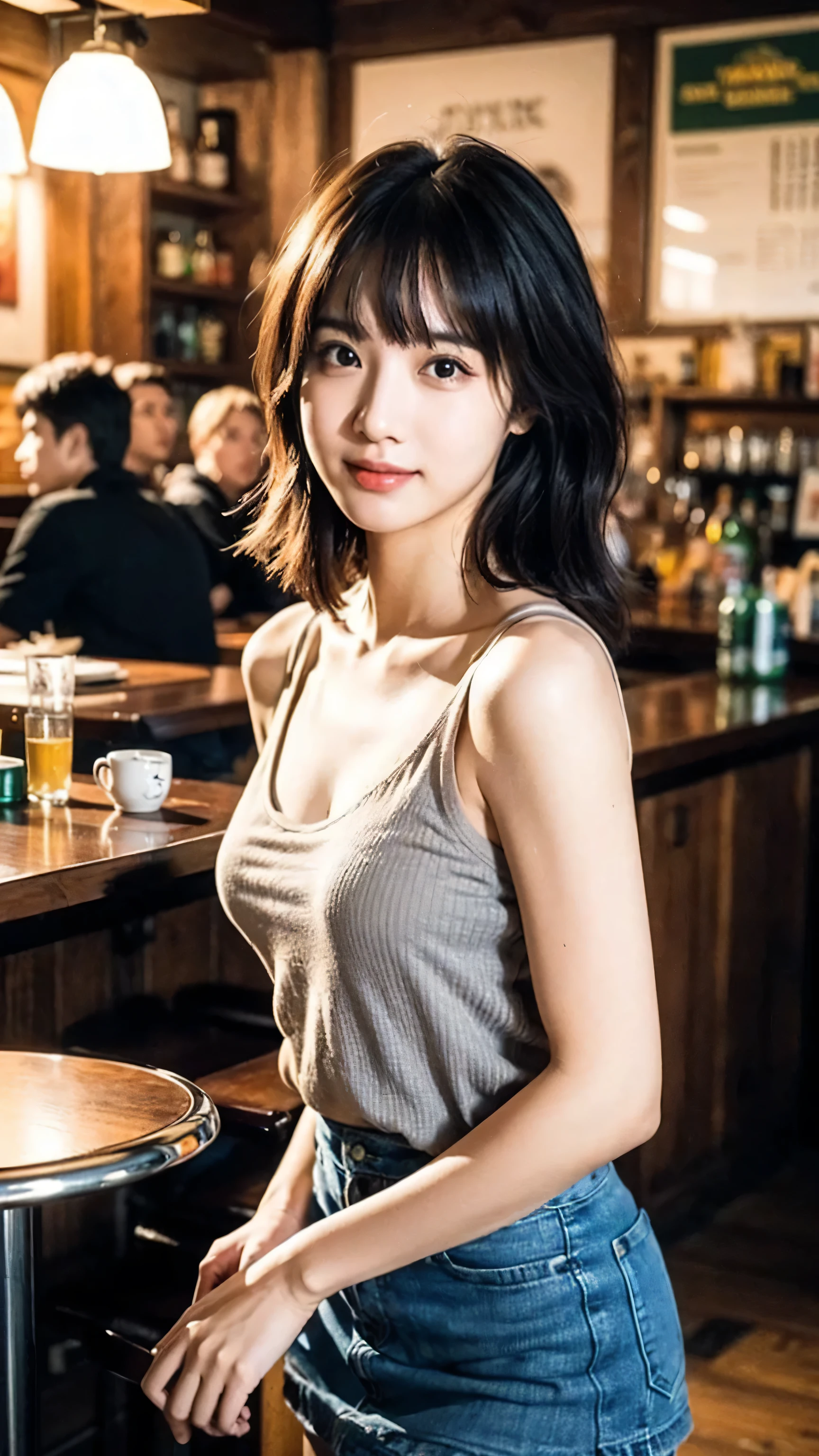 (8k, RAW Photo, Best Quality, Masterpiece:1.2), table top, Ultra Detail, Super Resolution, (Realistic, Realistic Photo:1.37), Portrait, High Detail RAW Color Photo, Professional Photo, Extremely Detailed and Beautiful, Extremely detailed, 8k wallpaper, amazing and detailed, huge file size, official art, highly detailed CG unity 8k wallpaper, highly detailed beautiful girl, highly detailed face, highly detailed eyes, highly detailed skin, highly detailed fingers, highly detailed nose, very detailed detailed mouth , perfect anatomy, highly detailed background, highly detailed clothes, 1girl, ,cute girl, realistic body, fair skin, glowing skin , slim body, handsome body, black hair , Semilong hair, (blunt bangs:1.2), smile, cute, youthful, cute face, realistic face, delicate eyes, drooping eyes, looking at viewer,  standing posture, Contraposto, dynamic lighting, (medium breasts), (Perfect Body Proportions), (slender Body Proportions), (tank top), (mini skirt), (Inside the pub),