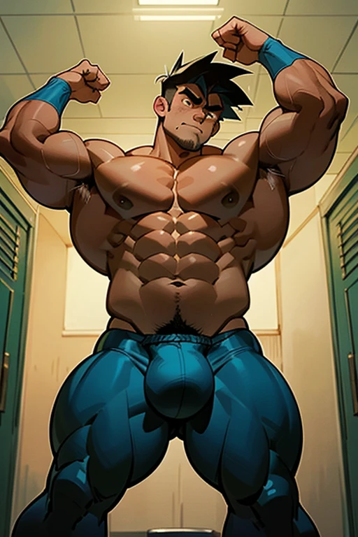 Danny Fenton from Danny Phantom animated series as a big dumb age muscular bodybuilder jock in a locker room flexing and staring blankly with mouth gaping open as his eyes glow under hypnosis as he repeats, "Bigger... Dumber.... Must obey.... More like a jock bro every day.... Yes, Coach. I obey. Huhuhuhuh.... Sweaty brutes must obey.... Sweaty brutes do what you say.... Big ... sweaty ... musky jock bro.... The muscles must grow. The old smarts must go.... Recruit the nerds and watch them grow. Make them like us, ... more big dumb jock bros. Huhuhuh.... We will grow. We will spread. We will make more dumb jocks.... We will grow... We will spread... We will make more dumb jocks.... We will grow. We will spread. We will make more dumb jocks.... Assimilate.... Grow.... Transform.... Become.... Convert.... Be a dumb jock...." in deep mindless emotionless voice with fellow hypnotized jocks to forget about catching ghosts and focus instead on training his body and obeying his coach. Mouth dropped open. Hyper swollen bulging crotch. Hyper muscles. Toned muscles. 5% body fat. Steam rising from armpits and shoulders. Big biceps. Big triceps. Broad shoulders. Big traps. Big lats. Big meaty pecs. Massive deltoids. Six-pack abs. Spherical glutes. Brainwashing. Hypnosis. Hypnotized. Bro. IQ drain. Dumber and dumber. Meathead. Musclehead. Mindless. Hypno. Mind control. Brain drain. Entranced. Brute. Brutification. Brain drain. brainwashed. brainwash. Meathead jock bro assimilation. Mindless. Brainless. Empty stare. Hairy pecs. Hairy armpits. Treasure trail.