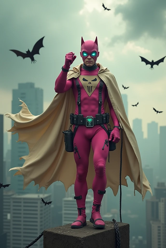Malaysia man in high-tech suit, vivid effects, malaysian superhero (KELUANG MAN) in a striking pink and beige costume cyberpunk design, mask small mini bat ear beige, daredevil beige mask, jumpsuit dark pink stands confidently in a dramatic.jumping from high place.hero costume.one hand rise up. Big triangle logo on the chest((open cape, beige cape)).high detail Punisher logo on the chest. Fighting pose , stormy landscape. ((Head covered node guard like batman. Running pose , athletic body type, small mini ear bat mask))The character wears domino mask a helmet with pointed mini torn ears and a flowing cape biege, open nose and mouth. Equipped with visible futuristic weapons on a belt,bullet proof jacket pink dark day.show fingers pose, dark night, big supermoon effect . Small logo on chest triangle shape small punisher logo center(( skull triangle Casey Jones mask shape logo)) center on chest pink logo mini logo . rocky. Building top.smoke ground , hand fired with gun , bomb effect background, losse pants, losses costume.adding to --ar 3:4 --style raw --stylize 500 --v 6.1. chaos. Lot of small flying bat. One leg on the high stone. Man. Wear hologram watch.. Real man 0 year old. One hand holding belt.one hand holding black rope hanging on building. Big pant pink. Beige cape joodie.(( Loose pant)) , jump on high building)marvel , X-Men((. Hand holding two gun.)