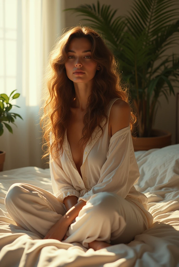 (photorealism:1.2), beautiful woman, sitting on bed, wearing loose off-shoulder top, pajama pants, long curly hair, indoors, soft lighting, plants in background, window with sunlight, cozy room, relaxed pose, realistic, intricate details, warm colors, by Greg Rutkowski, by Alphonse Mucha