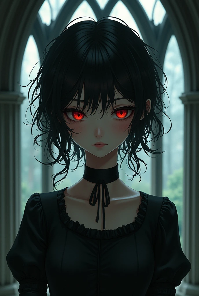 She looks cute on the outside but is very cold on the inside. She dresses conservatively but is a bit sexy. Her eyes are dark red, showing a scary look, her hair is loose and curly, she looks like an anime. The background behind her resembles gothic architecture