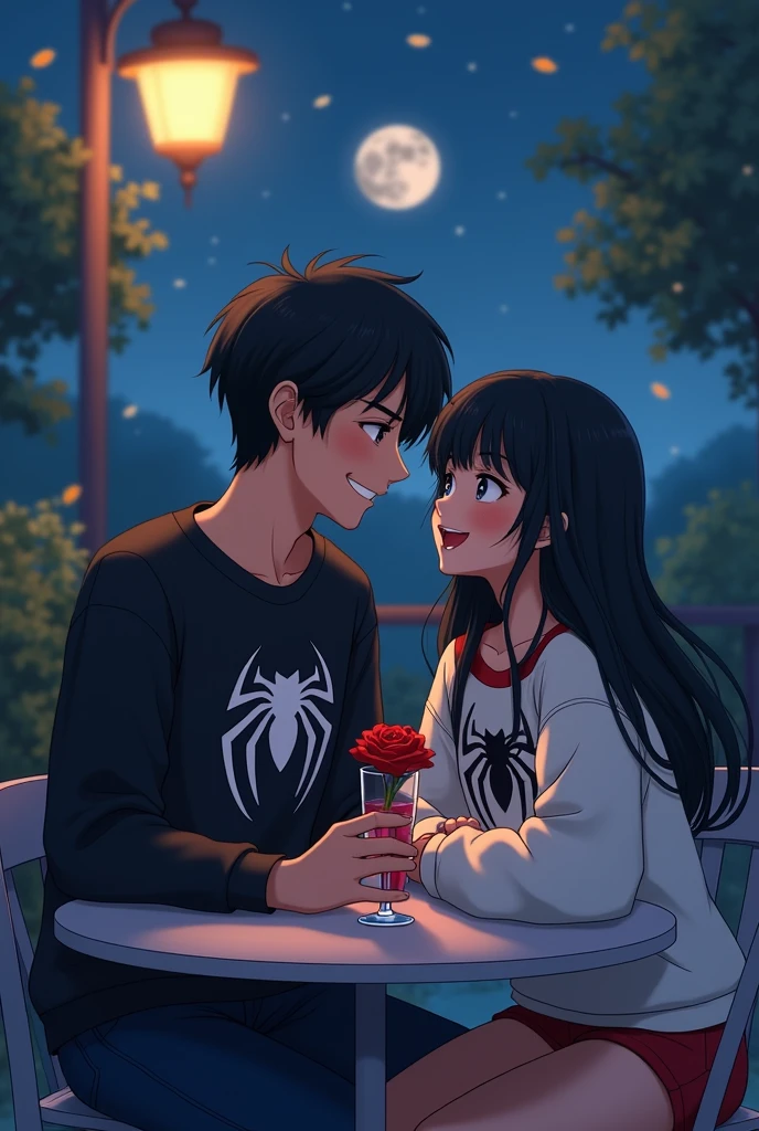 The image shows a romantic scene between two animated characters. they are sitting at a table, in an outdoor night setting, with a full moon in the sky and a lamp lit near them. The male character has black hair in a low gradient style., He is wearing a black Spiderman sweatshirt and is smiling with a happy expression while looking at the girl.. The girl also has long black hair , and she is dressed in a white spiderman sweatshirt. They both look at each other with affection, and on the table there is a red rose in a glass, adding a romantic touch to the scene. The drawing style is very simple and cartoonish., typical of a cartoon series.