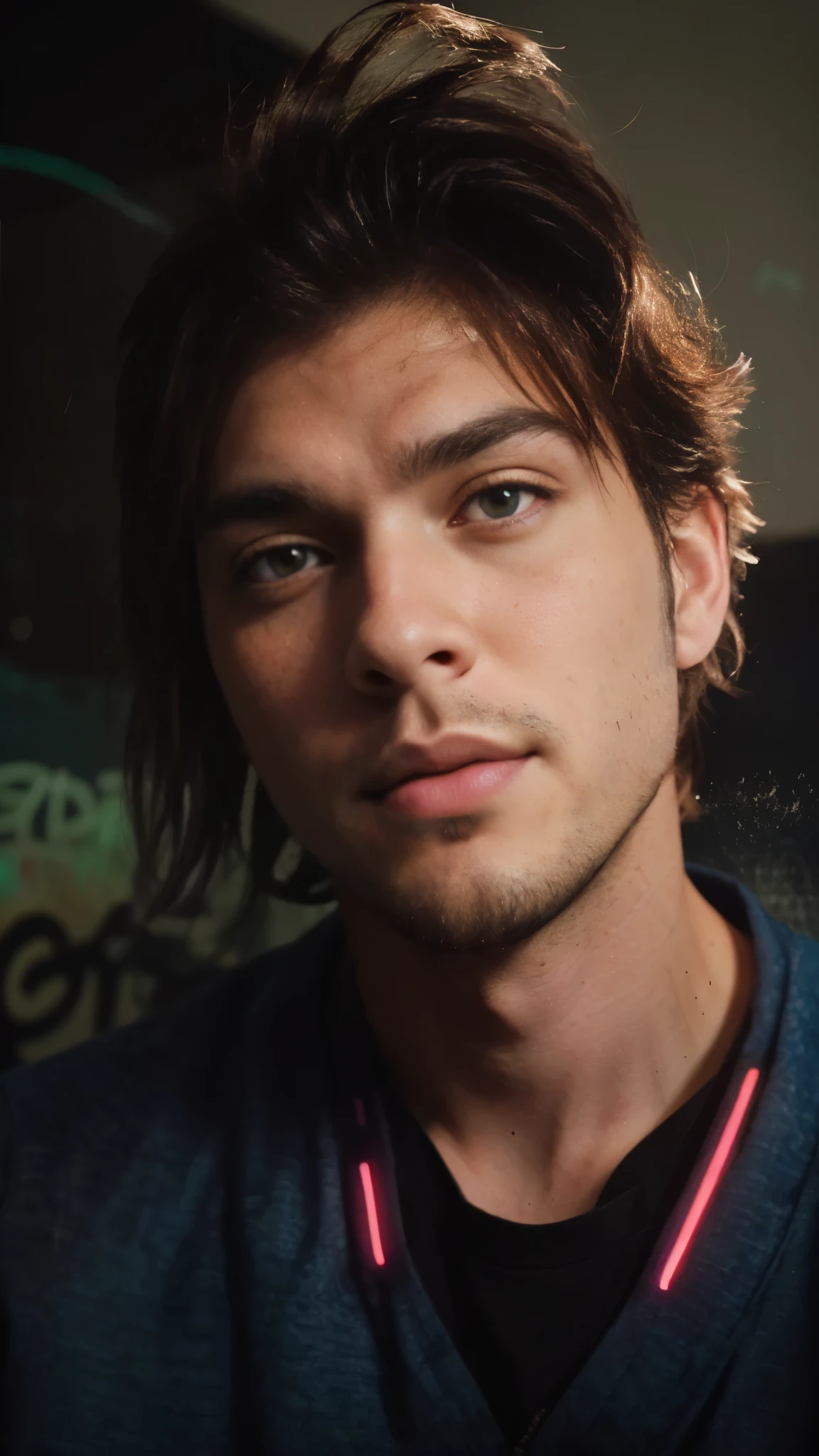 Character half aside, male, boy, , medium beard, red brown hair, green eyes, long hair, calm. wise, background with neon purple graffiti, utopian city, Surrealism, Minimalism, Expressionism, anime style, drop shadow, film grain, vignetting, silhouette, 1080P, anatomically correct