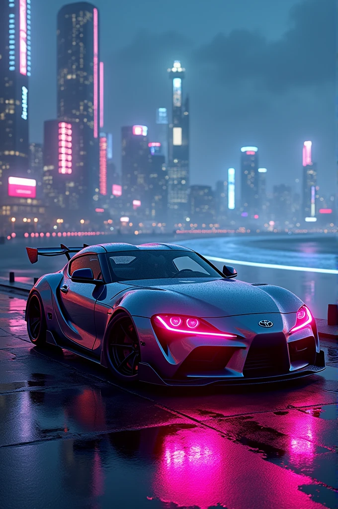 Supra mk4 in neon head light in cyberpunk city bhenid the sea view
