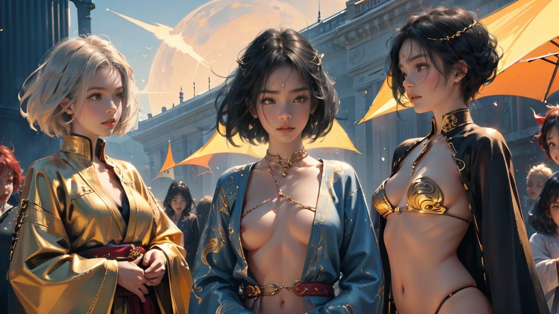 Blue eyes、bionde、oiran、short hair、More than one person、((Three women:1.5))、Three people lined up、On the chest、tattoo、Clothes got wet、Hair tied up、Full body photo、Sexy Face、short hair、 A look of complete lust、(((masterpiece,NFSW)))、((Highest quality))、((超Realistic))、Mature woman、Mature woman、Very detailed、The perfect temptation、Best image quality、Fine-grained image quality、beautiful、European, woman, French, woman Italian, Italian, smile、Blue eyes、jewelry, Blue eyes, Realistic, High resolution, Soft Light,Hip Up, Glowing Skin, (Detailed face),tattoo, jewelry, , night, bionde, Wavy Hair,attractive appearance, smile, Perfect Style, Perfect balance, (Realistic:1.3,Visual Arts,Written boundary depth、Highest quality,8K quality,masterpiece:1.3,High resolution,Tabletop:1.2),and(2, Gold Kimono, Golden underwear, Golden Good, Golden panties, Golden choker),(Long Hair:1.2,bionde:1.3), Blue eyes, Clothes come off,I can see your thighs,I can see your pants,Perfect face with attention to detail:1.5,normal hand:1.5,normal finger:1:5,Normal legs:1.5,new year,shrine,Backstreets,background(Shining meteors,golden dragon flying),Exquisite design,Best lighting,