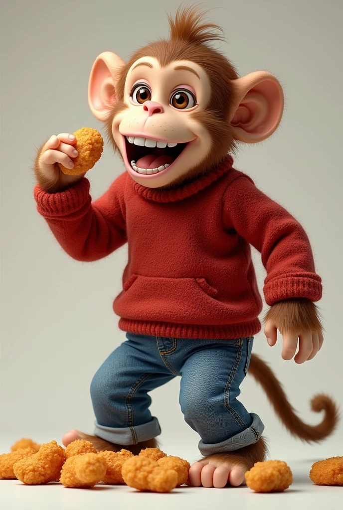 A monkey in a red long-sleeved sweater and jeans with fried chicken nuggets comes to life.