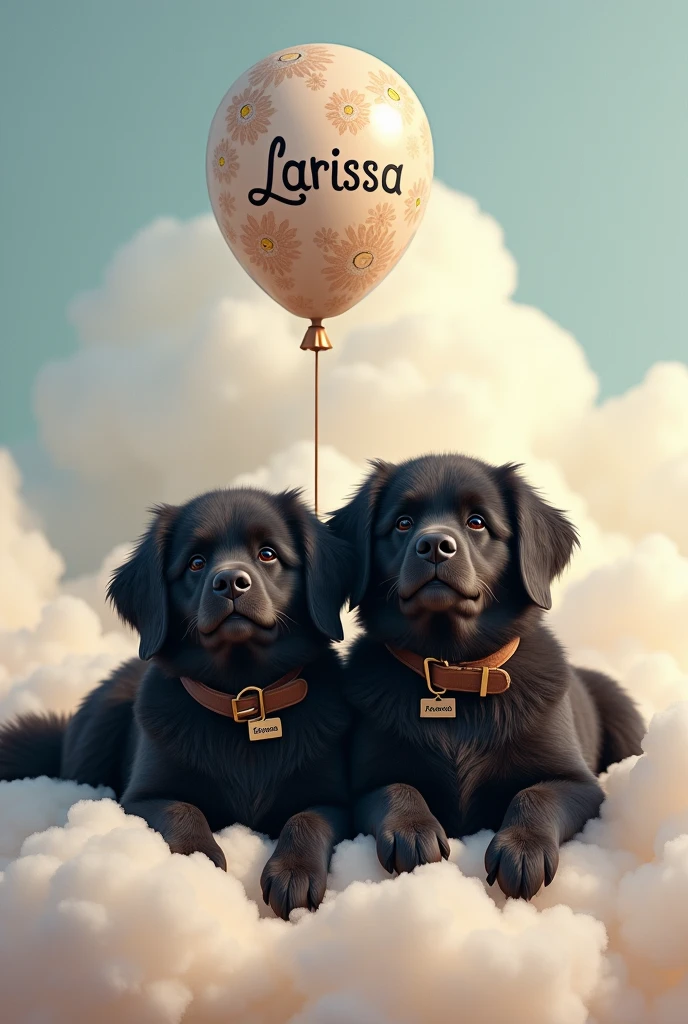 2 big black fluffy male dogs on a fluffy cloud , one of the dogs with the name Charlie written on the collar , and the other with the name Francisco written on the collar . On top of the dogs is a balloon with the name Larissa written in fancy letters.