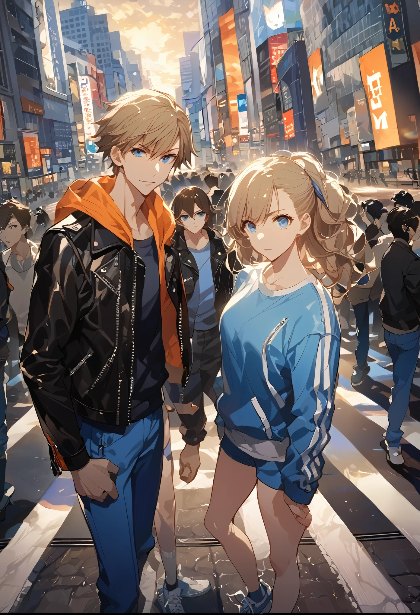 masterpiece, Best Quality, 8k ,4k, Size, wallpapers, anime style, only 2 characters, Young boy and girl, 18 years (A young man, White skin, black messy hair, bright gray eyes, SERIOUS LOOK,. Clean and tidy clothes, He wore an orange Hoodle, blue jeans, y sneakers, athletic body), (A girl, long light brown hair with light blue eyes., Clean and tidy clothes, He is wearing a black leather jacket, female top, blue jogger, well formed body, toned body), They pose side by side, separdos, in the middle of shibuya crossing, Inspired by artist Shunsaku Tomose: ask, Art Style : ask