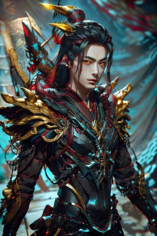  Handsome young xianxia protagonist,alpha male face,handsome, otherworldly beauty,perfect proportion face,no light interfention,turn right face perspective ,man,guy,long black obsidian hair,black red phoenix tail, use floating phoenix crown,Crimson red  eyes  ,eyes focus detailed((no noice)),(((no noice))),and long black hair ,(no noice)),use armour featuring like pattern on taotie chinese divine beast((search image for taotie chinese beastiary))with black dominant color,pauldron protective shape like dragon head,breastplate featuring like Tao tie,breastplate detailed featuring taotie shape,shoulder protective dragon shape like taotie,sun and moon  background, black dominant color,black  dominant color, black dominant color armour,with majestic silver line , ((no noice))And demonic red wings at back,wings at back,terrifying aura around,24K ultra hd,face and eyes detail,lips and face detail,masterpiece ,better quality,ultraa realistic face((no noice)),good face proportion,non noice face,reality face,eyes detailed,((perfect face)),perfect eyes ,perfect lips proportion((balance lips)),perfect face proportion,((balance proportion of face)),((balance and perfect left and right eyes proportion)),((masterpiece))