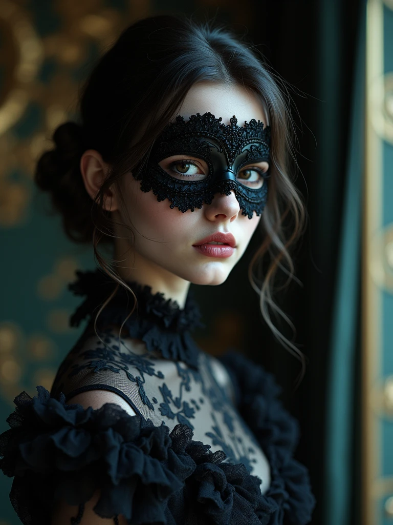 a close up of a person wearing a mask, dreamy gothic girl, elegant render, half body photo, mistress, photoshop render, ebony rococo, elegant girl, female spy, haunting beautiful young woman, super-hero girl, extravagant dress, beauty girl