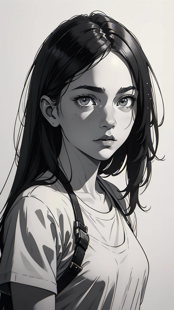 1 boyish girl, solo, sharp eyes, monochrome, greyscale, short black hair, portrait, white T-shirt, closed mouth, looking at viewer, graphite \(medium\), detailed lips, hatching \(texture\), without makeup, bangs, upper body, (best illustration), (best quality), (very detailed), (masterpiece), expressionless,