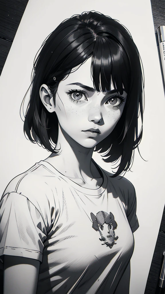 1 boyish girl, solo, sharp eyes, monochrome, greyscale, short black hair, portrait, white T-shirt, closed mouth, looking at viewer, graphite \(medium\), detailed lips, hatching \(texture\), without makeup, bangs, upper body, (best illustration), (best quality), (very detailed), (masterpiece), expressionless,