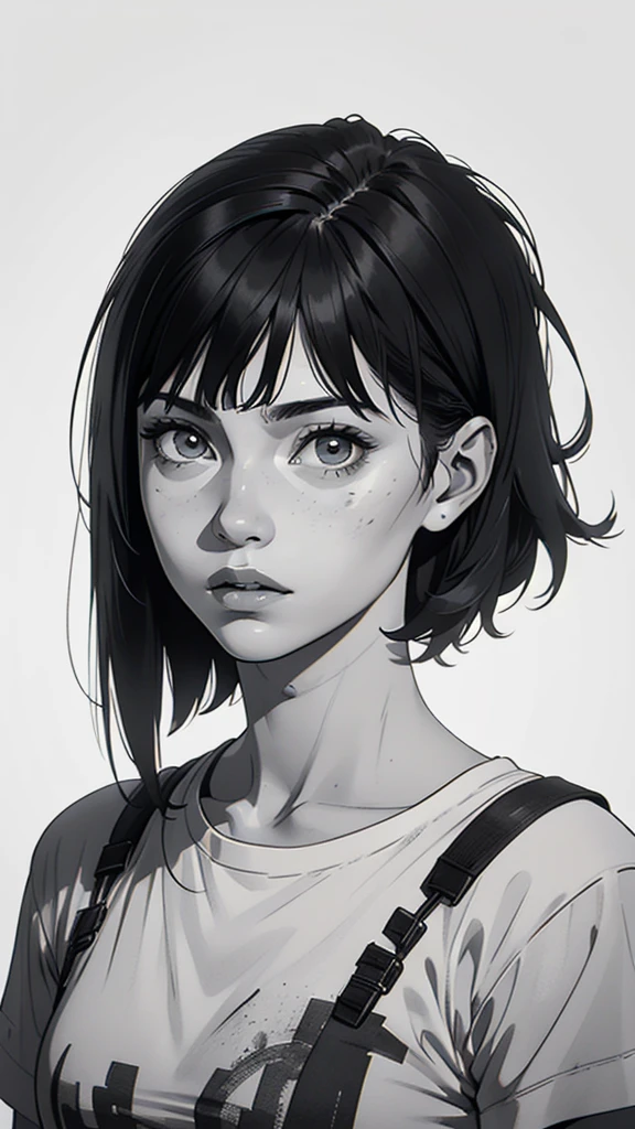 1 boyish girl, solo, sharp eyes, monochrome, greyscale, short black hair, portrait, white T-shirt, closed mouth, looking at viewer, graphite \(medium\), detailed lips, hatching \(texture\), without makeup, bangs, upper body, (best illustration), (best quality), (very detailed), (masterpiece), expressionless,