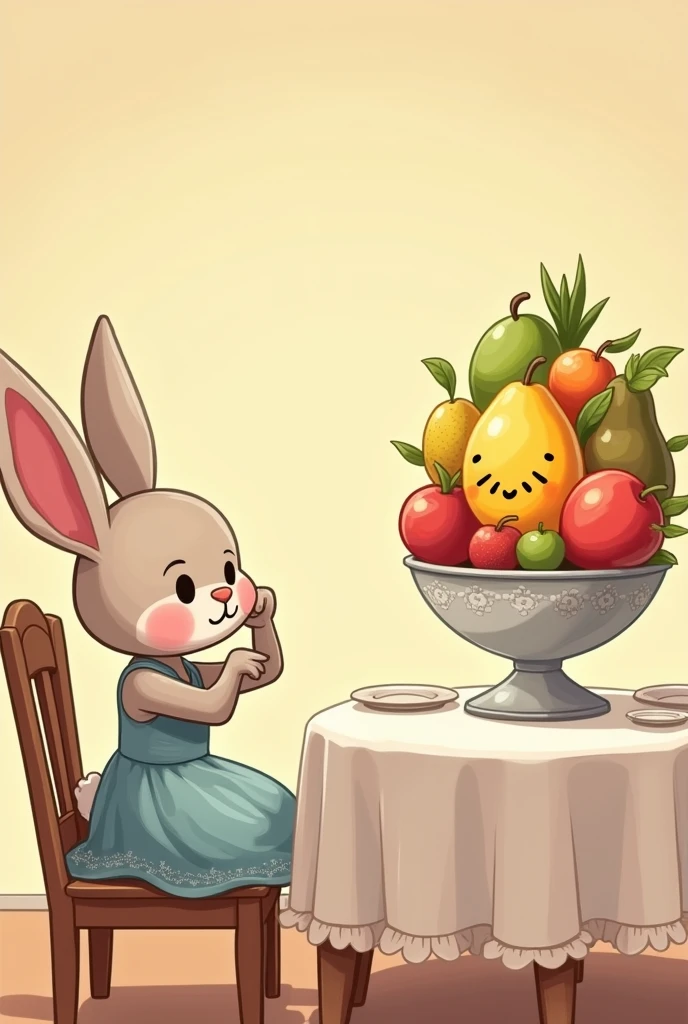 draw a funny cartoon cute bunny in a dress, sits on a chair at the table, propping up his muzzle with his paw , on the table a vase of fruit smiles and looks at the funny cartoon hare in a suit sitting opposite, who tells something