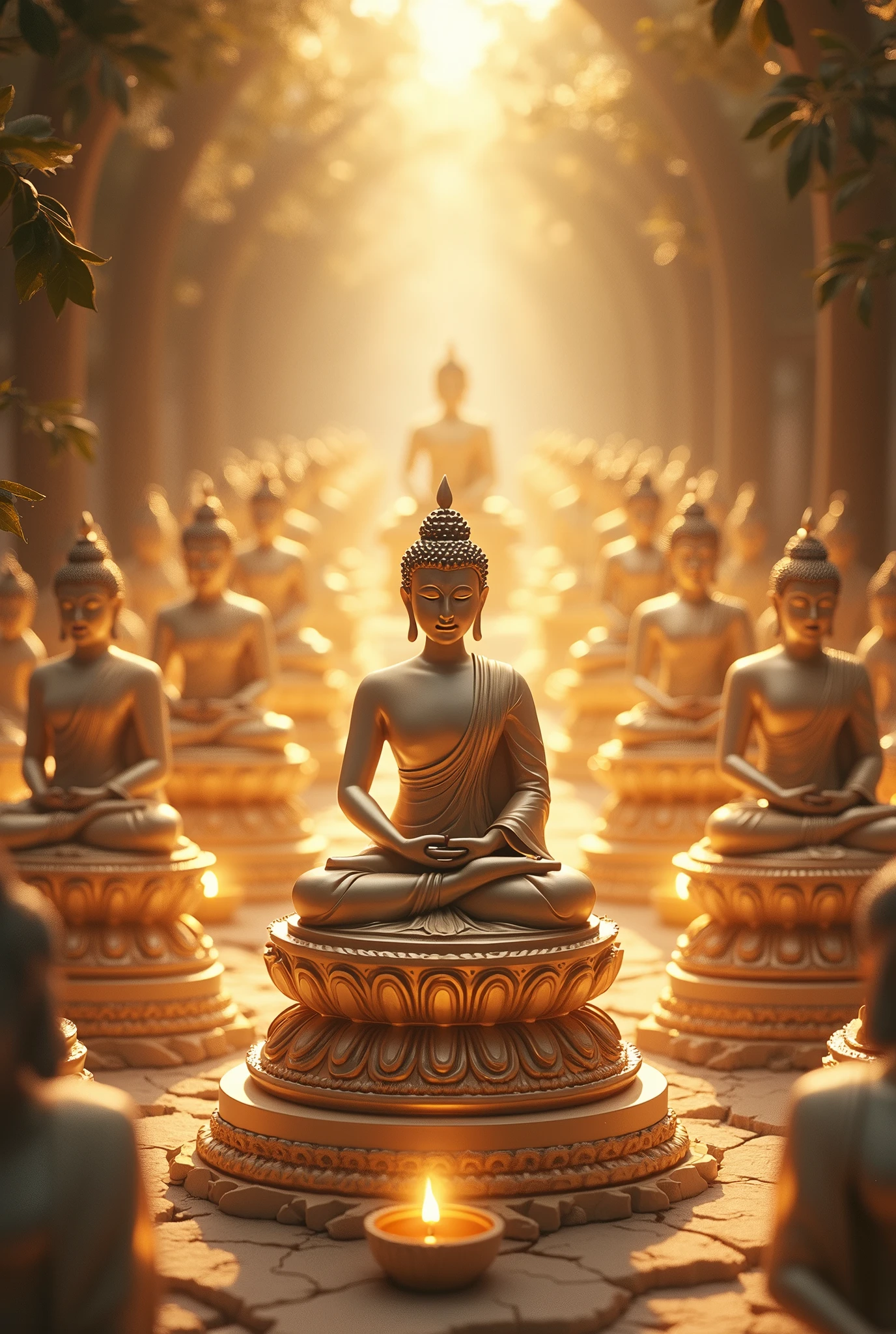 8k , masterpiece , realphoto , ((Mandala)) , Pure Land of Ultimate Bliss , Buddhist statues have the following characteristics:
The soles of the feet are flat and perfect
There is a thousand-spoked wheel pattern on the soles of the feet
The fingers are long and delicate
The heels are wide and flat
There is webbing between the fingers and toes
The hands and feet are soft
The instep of the foot is high and plump
The legs are supple and round
When standing straight, the hands reach the knees
The male genitalia are concealed
The height is equal to the arm span
Body hair points upward
One hair grows from each pore
The skin is golden in color
Light radiates from the body
The skin is smooth and fine
Seven places on the hands and feet are full
Both armpits are plump
The upper body is like a lion's
The body is perfectly straight
The shoulders are round and well-formed
There are 40 teeth
The teeth are evenly aligned
The teeth are white
The cheeks are like a lion's
All tastes are perceived as supreme
The tongue is long and wide
The voice is pure and clear
The eyes are deep blue in color
The eyelashes are like those of a cow
There is a fleshy protuberance on the crown of the head
There is a white hair between the eyebrows