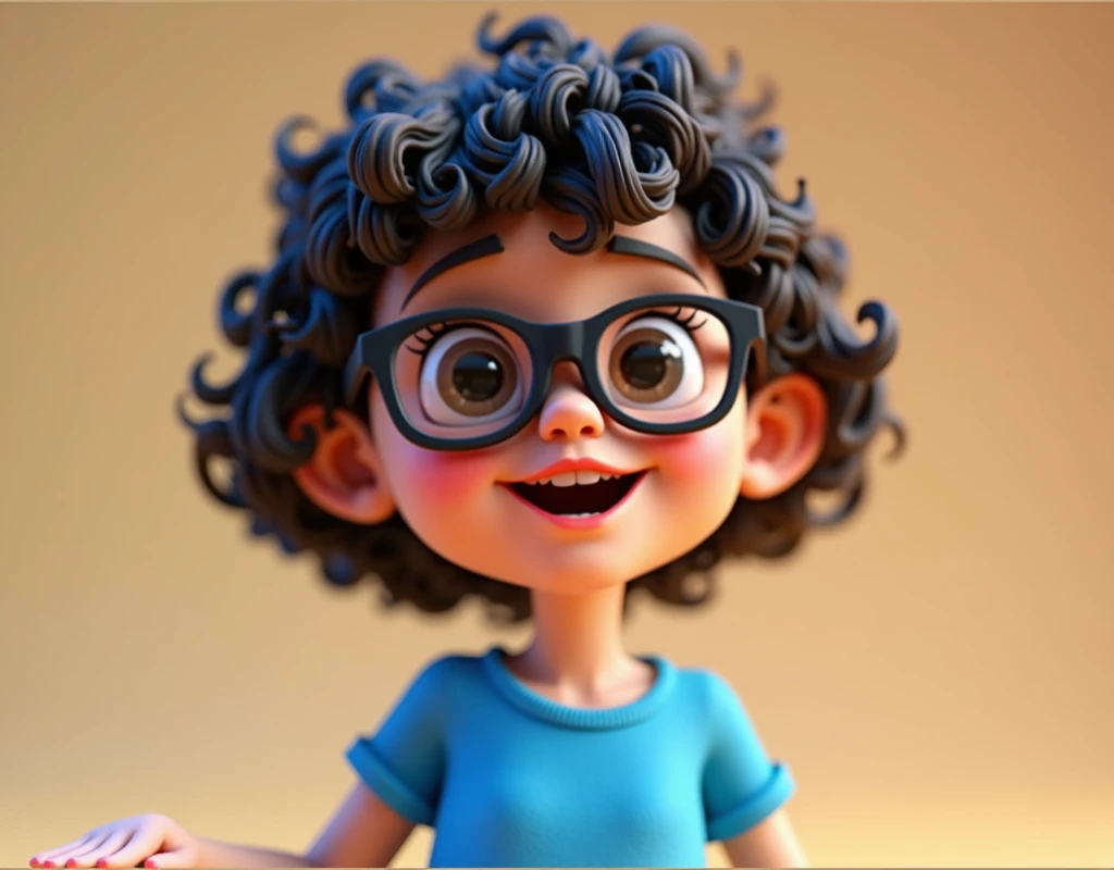 Cartoon character of a girl, short curly hair,with black glasses and a blue shirt, un cartoon character, stylized character, animation style rendering, 3D stylized, Arnold Maya rendering, Render 3D stylized, Toon render keyshot, 3D character, 3D character, Stylized 3D rendering, 3d character rendering, cartoon character, Close-up character, Character pose