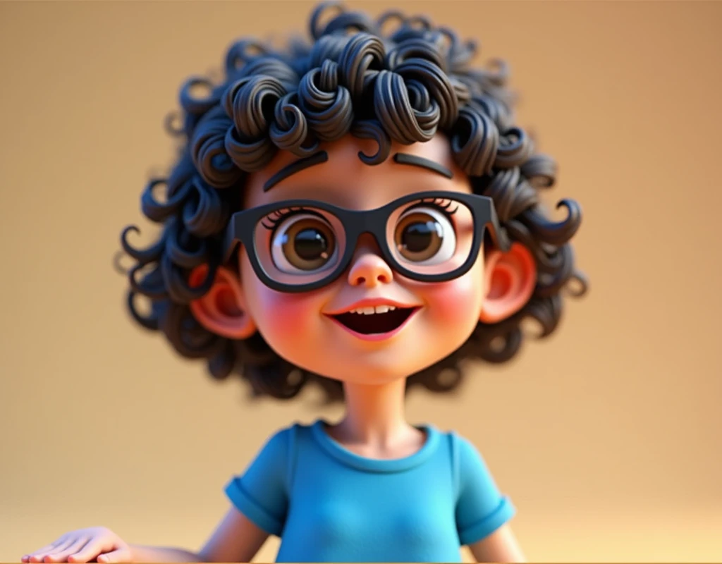 Cartoon character of a girl, short curly hair,with black glasses and a blue shirt, un cartoon character, stylized character, animation style rendering, 3D stylized, Arnold Maya rendering, Render 3D stylized, Toon render keyshot, 3D character, 3D character, Stylized 3D rendering, 3d character rendering, cartoon character, Close-up character, Character pose