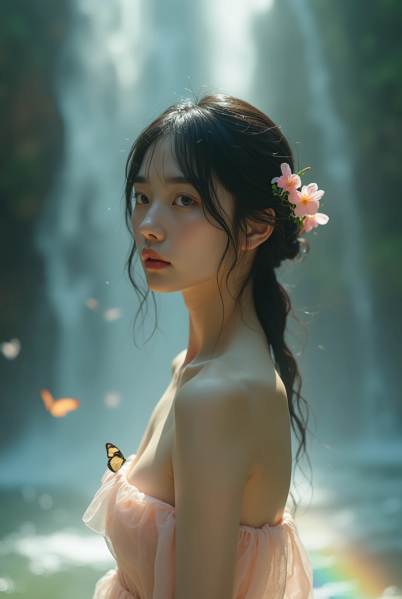 (((Full body image of a woman))),(Model shooting style), (shy), 1 girl, Lonely, Shiny black hair、 Extremely rich facial detail, Beautiful Eyes, cute, Slightly red cheeks,bright, Lonely Eyes, Stunning beauty, (Rembrandt Lighting), ARRI Lenses, Surreal, (Skin with attention to detail:1.2),4K,ARRI ALEXA LF,Promise, Dramatic Rim Light,Sparkle Effect, high quality,Very delicate and beautiful, wonderful, In detail, masterpiece, Very detailed, High resolution,Best Shot, Best Shadow,Exquisite contrast,Complex,Sharp focus, high quality, 1 Japan woman, alone.cute,Fuka Koshiba,Yuki Sakurai,Magnificent waterfalls,(water droplets,rainbow),Mist-like droplets,Wet,Lens flare,No sleeve,Frills,Beautiful breasts,Swallowtail butterfly,A butterfly flutters,Cool eyes,Glossy Lips,An ennui smile,Glowing Skin,Transparent skin,From above,Open your arms,Waistline,Beautiful nipples,((No shirt, Very good, Naked underneath, Bare chest, Barely covering her nipples)),((Wet, Her clothes are transparent, Her body and skin sweat)),((View from the rear, From above見た図, Bare back)),Bloom, Flowers are blooming everywhere,Front blur,ARRI 35mm Lens flare,Sparkling Eyes,Vivid Rouge