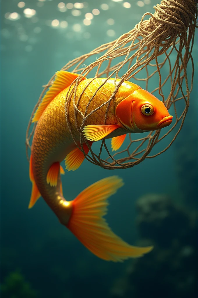 Golden fish caught inside a net 