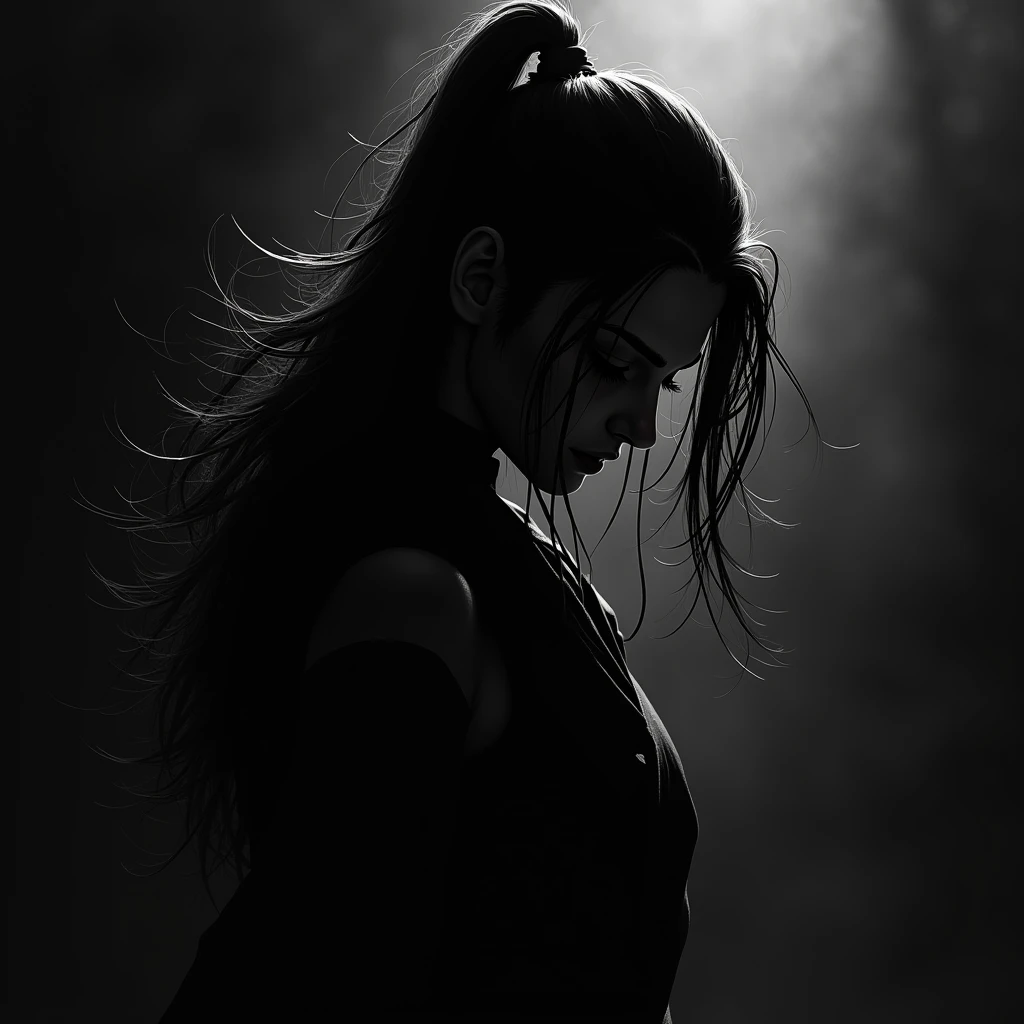 A side profile of a ninja with flowing hair. The ninja appears to be gazing downwards, and her hair cascades gracefully, framing her face. The image is predominantly in black and white, with the ninja's silhouette contrasting sharply against a dark background. The overall mood of the image is contemplative and serene.