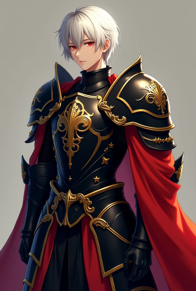 Fait moi un chevalier sans casque avec une grosse armure possédant beaucoup de petits détails noir, ornés de doré et possèdant un tissus rouges . Avec un emblème de 3 roses enchaînés dans le dos. Nous pouvons voir son visage, il a des traits fins, a 21ans, possède un regard perçant avec des yeux rouges, et de cheveux mi long blancs.
