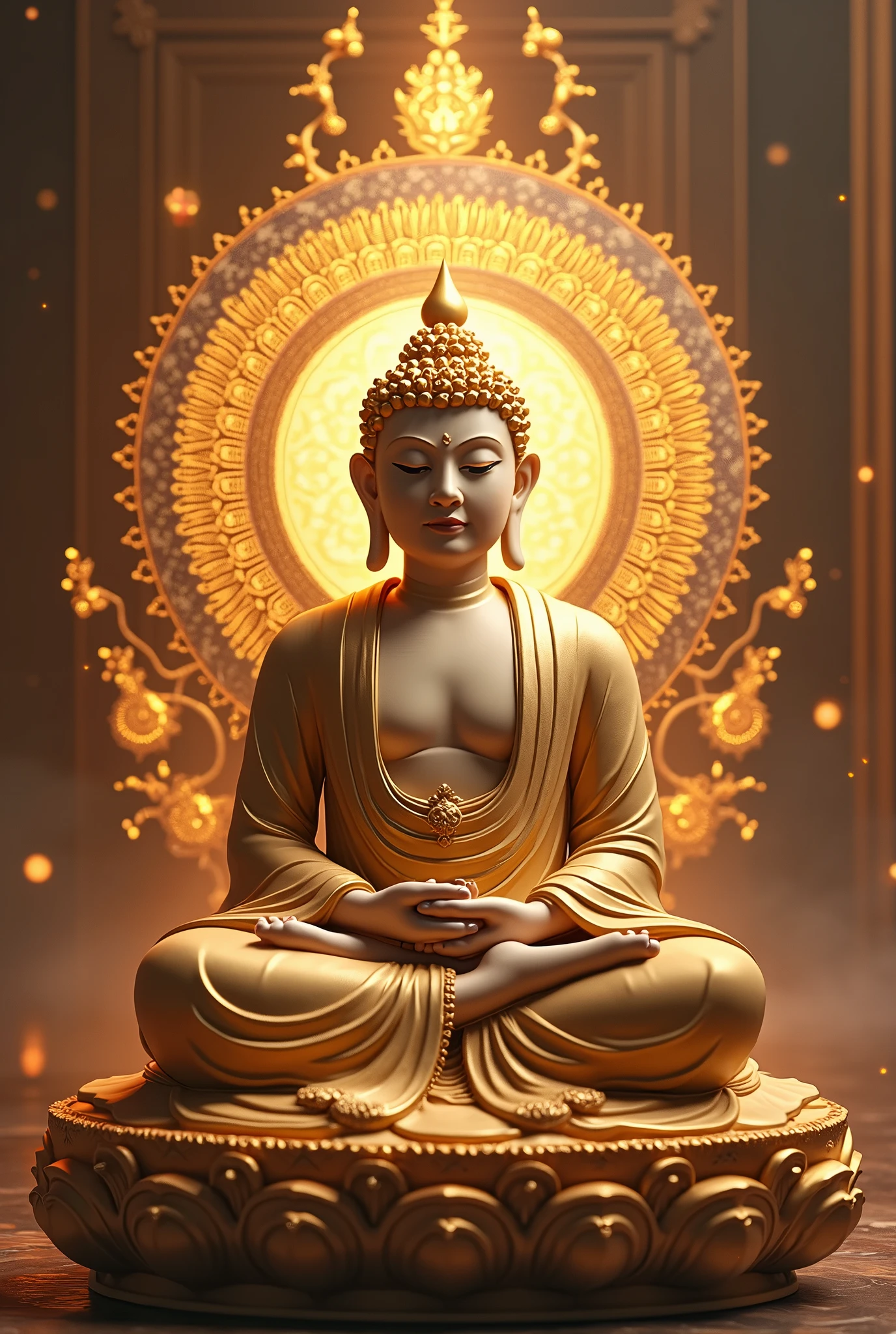 8k , masterpiece , realphoto , ((Mandala art)) , Pure Land of Ultimate Bliss , Buddhist statues have the following characteristics:
The soles of the feet are flat and perfect
There is a thousand-spoked wheel pattern on the soles of the feet
The fingers are long and delicate
The heels are wide and flat
There is webbing between the fingers and toes
The hands and feet are soft
The instep of the foot is high and plump
The legs are supple and round
When standing straight, the hands reach the knees
The male genitalia are concealed
The height is equal to the arm span
Body hair points upward
One hair grows from each pore
The skin is golden in color
Light radiates from the body
The skin is smooth and fine
Seven places on the hands and feet are full
Both armpits are plump
The upper body is like a lion's
The body is perfectly straight
The shoulders are round and well-formed
There are 40 teeth
The teeth are evenly aligned
The teeth are white
The cheeks are like a lion's
All tastes are perceived as supreme
The tongue is long and wide
The voice is pure and clear
The eyes are deep blue in color
The eyelashes are like those of a cow
There is a fleshy protuberance on the crown of the head
There is a white hair between the eyebrows