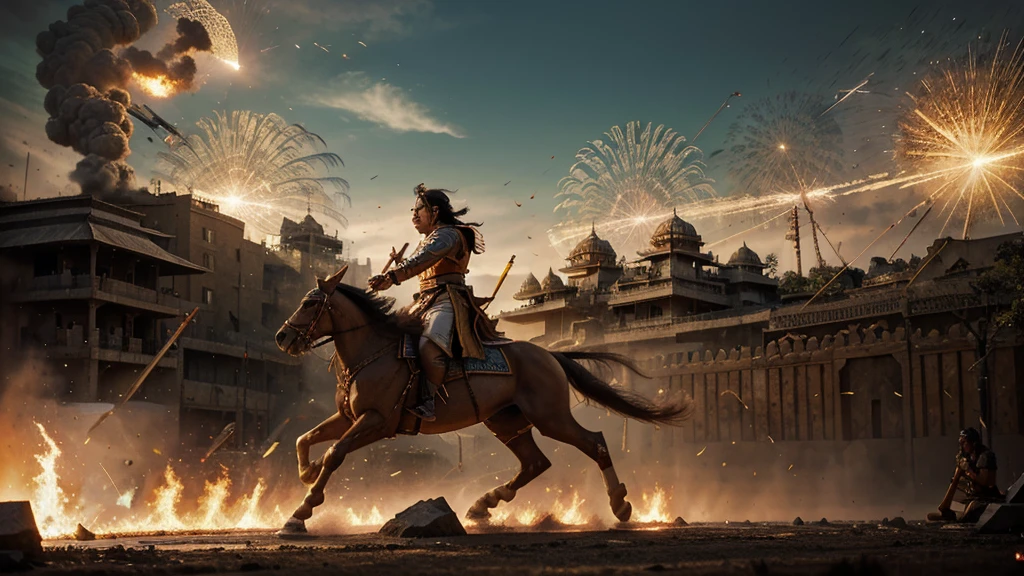 Emperor Ashoka the Great in the Battle of Kalinga. Anger in his eyes, fury, battle scene in the background. Epic, hyper realistic, 8k, majestic, historical mood, vibrant colors, clear lighting, explosions, arrows flying, buildings burning