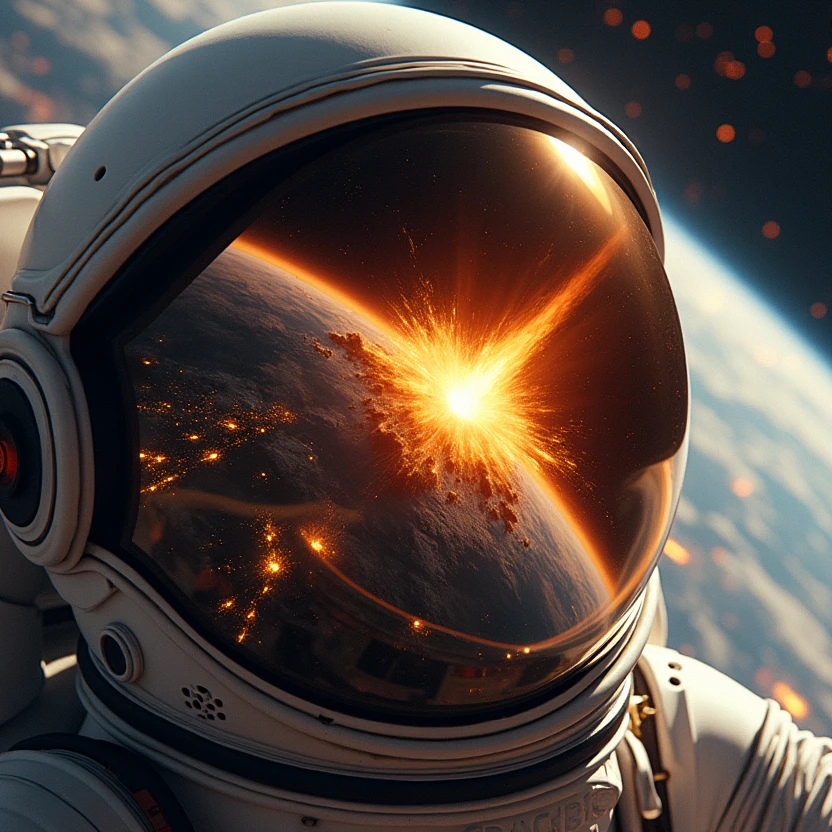 A very detailed close-up of an astronaut's helmet. In the helmet's reflection, there is a vivid and striking representation of a meteorite hurtling towards Earth. The meteorite is shown in full descent, passing through the atmosphere with a fiery tail. Below, the Earth is clearly visible, with the planet's surface, continents and oceans discernible in the distance. The moment captures the impending collision, with the fiery explosion and billowing smoke about to unfold, accentuating the destructive power of the event. The perspective is that of a spacecraft, far enough away to see the entire earth and the meteorite's descent, but close enough to feel the intensity of the scene. The combination of the detailed hull, the clear depiction of the Earth and the dramatic impact of the meteorite creates a sense of awe and impending doom.