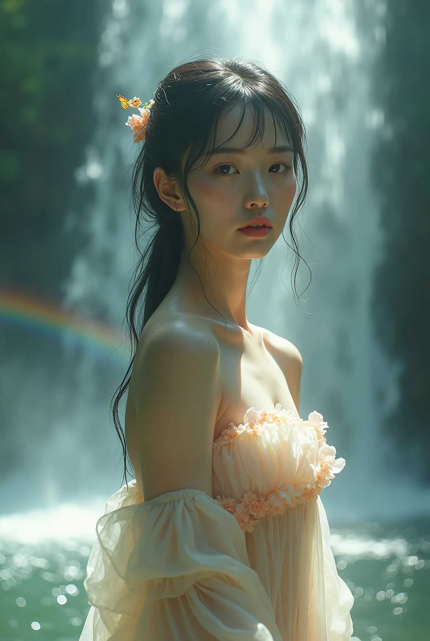 (((Full body image of a woman))),(Model shooting style), (shy), 1 girl, Lonely, Shiny black hair、 Extremely rich facial detail, Beautiful Eyes, cute, Slightly red cheeks，bright, Lonely Eyes, Stunning beauty, (Rembrandt Lighting), ARRI Lenses, Surreal, (Skin with attention to detail:1.2),4K,ARRI ALEXA LF,Promise, Dramatic Rim Light,Sparkle Effect, high quality,Very delicate and beautiful, wonderful, In detail, masterpiece, Very detailed, High resolution,Best Shot, Best Shadow,Exquisite contrast,Complex,Sharp focus, high quality, 1 Japan woman, alone.cute,Fuka Koshiba,Yuki Sakurai,Magnificent waterfalls,(water droplets,rainbow）,Mist-like droplets,Wet,Lens flare,No sleeve,Frills,Beautiful breasts,Swallowtail butterfly,A butterfly flutters,Cool eyes,Glossy Lips,An ennui smile,Glowing Skin,Transparent skin,From above,Open your arms,Waistline,Beautiful nipples,((No shirt, Very good, Naked underneath, Bare chest, Barely covering her nipples)),((Wet, Her clothes are transparent, Her body and skin sweat)),((View from the rear, From above見た図, Bare back)),Bloom, Flowers are blooming everywhere,Front blur,ARRI 35mm Lens flare,Sparkling Eyes,Vivid Rouge