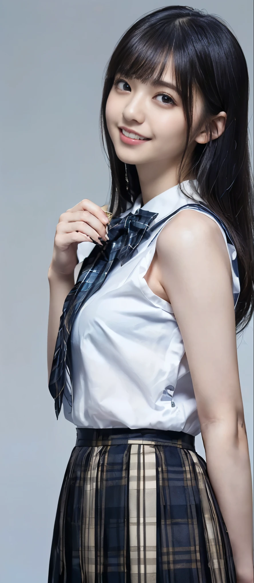 (Highest quality, masterpiece:1.2), Highest quality, Realistic, photograph, High resolution, 1080P, 8k, Physical Rendering, ((height: 155cm、Slim and slender style、medium firm chest)), ((((((A beautiful fashion model featured in a Japanese fashion magazine、Look directly at the viewer)))))), (((big, Very fine, Beautiful dark brown eyes))), ((((Everyone loves me、They are Laughter at me.!)))), Detailed fingers, (((length, Curled bangs))), ((((Very noble and cute eyes, Every detail is carefully drawn)))), ((double eyelid)), (((length eyelashes))), ((cute、Adorable、Adorable、Laughter、Laughter頬)), ((Pure white light hits my nose and cheeks. Her eyes and the white skin of her face are beautifully white........)), (((((Her face is very expressive、With a noble smile。, so sweet, very smart))))), ((((A striking plain navy large school ribbon bow tie)))), ((((Beautiful long black hair blowing in the strong wind、Hair fluttering in the strong wind)))), (((((((She rolled up her formal long pleated skirt, Blue and navy tartan check)))))), ((((The size is a bit small、When she lifts up her white sleeveless shirt with a gold emblem, she shows off her beautiful small breasts.、Full upper body nude)))), ((As elegant as a noble princess)), ((From before,Her fully nude upper body is visible because her skirt is pulled up、Create a striking image showing off your breasts..))