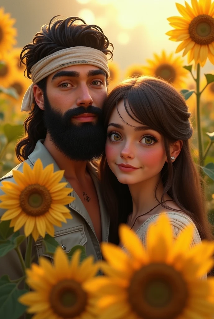 Believe me couple man with full bandana on head black beard white skin light brunette girl black hair with bangs Disney pixal sunflowers background