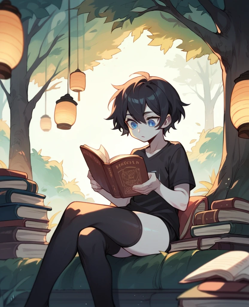 Stoic lady Short jet-black fluffy hair, Cerulean blue eyes. pale skin and a very flat chest. Sitting under a tree, wearing an oversized grey T-shirt with black knit thigh highs and black underwear. Reading a book with a lantern.