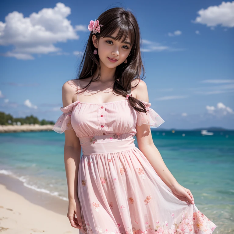 laughing out loud,travel scenery photos,Wear a sweet dress,Dress with pink flower pattern,Floral pattern scattered throughout the dress,Puff sleeves,Princess puff sleeves,Short sleeve,One-piece hem A-line skirt,(There is a layer of transparent mesh outside the skirt), Fluffy and lightweight dress,(The dress is made of mesh), There are pink ribbon bows on both sides of the collarbone.,A-line skirt with large hem,1 female, On the face, light brown hair, blunt bangs, hair behind ears, Shoulder-length hair, long hair, Slender body type, 超face slimming型, face slimming, delicate lips, beautiful eyes, Thin blush, Eyes are light brown,View here, (actual:1.3), One person's perspective, 8k, Super detailed, high quality, best quality, High resolution,2,above knee shot,Breast protrusion,Full breasts