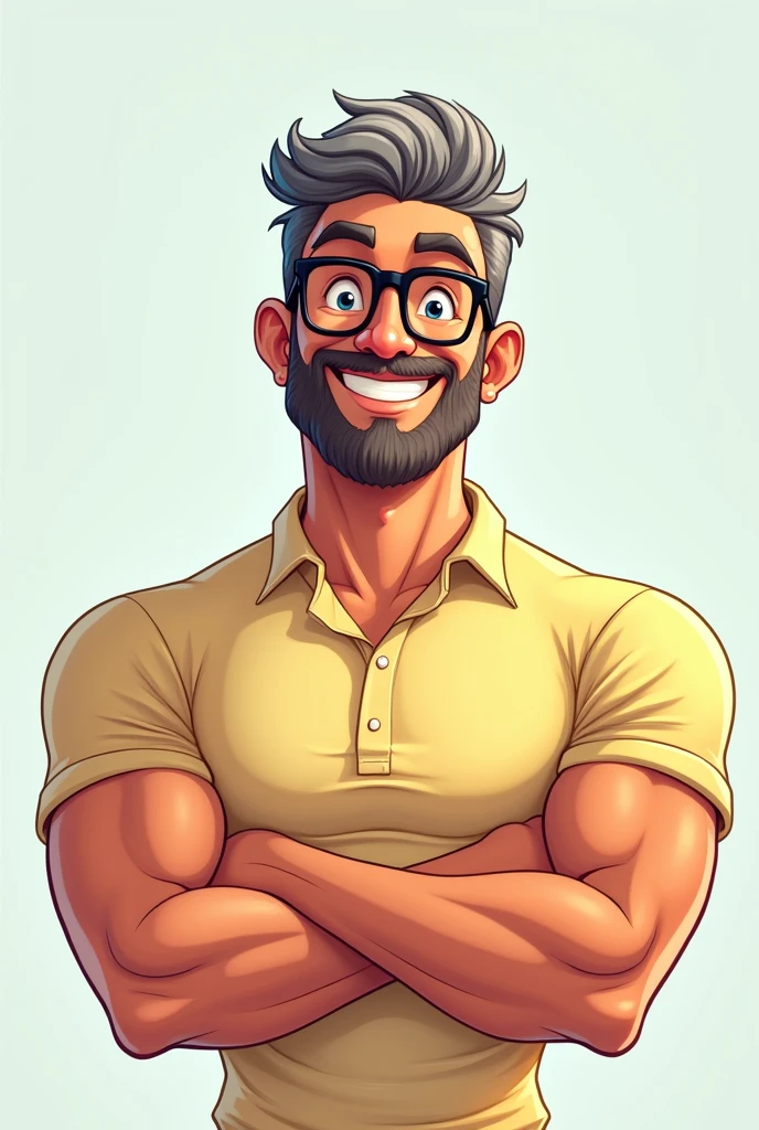 A cartoon drawing of a handsome muscular man with glasses and beard looking very cartoonish happy and with his arms crossed wearing a shirt and a bit of grey hair