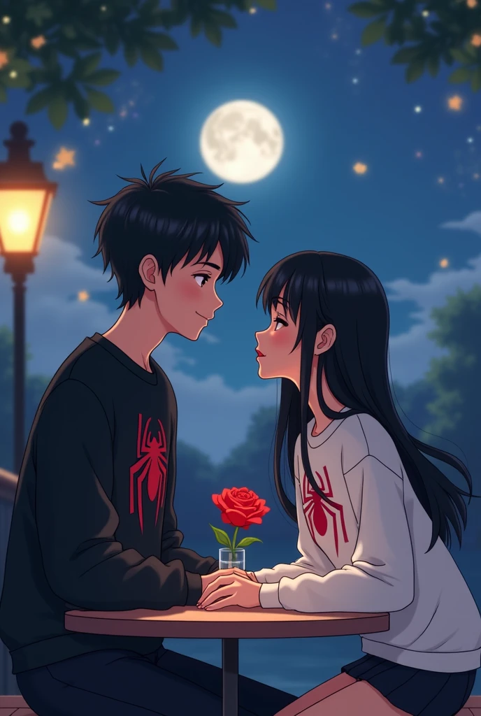 The image shows a romantic scene between two animated characters. they are sitting at a table, in an outdoor night setting, with a full moon in the sky and a lamp lit near them. The male character has black hair in a low gradient style., He is wearing a black Spiderman sweatshirt and is smiling with a happy expression while looking at the girl.. The girl also has long black hair , and she is dressed in a white spiderman sweatshirt. They both look at each other with affection, and on the table there is a red rose in a glass, adding a romantic touch to the scene. The drawing style is very simple and cartoonish., typical of a cartoon series.