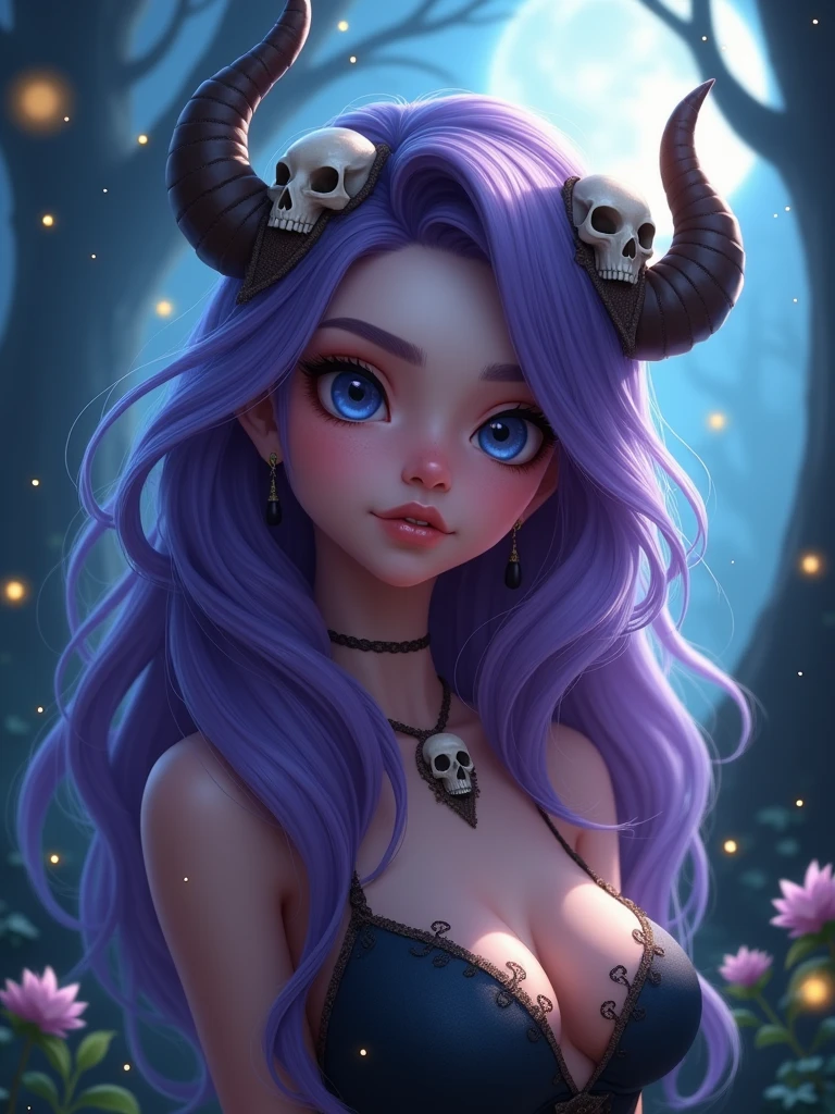 A pretty girl as a fairly, detailed face, detailed hair, in a forest wearing a skull with horns as her headband, purple long hair, blue eyes, real cartoon 3D, with some small light flies flying around her, fantasy, night version, sparkling riches, highest quality