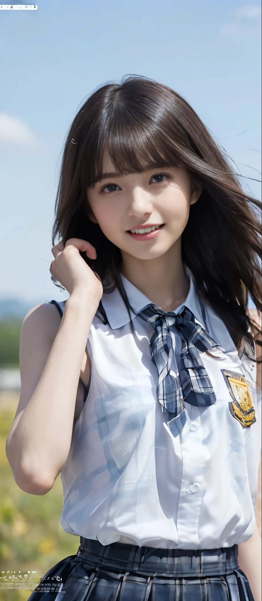 (Highest quality, masterpiece:1.2), Highest quality, Realistic, photograph, High resolution, 1080P, 8k, Physical Rendering, ((height: 155cm、Slim and slender style、medium firm chest)), ((((((A beautiful fashion model featured in a Japanese fashion magazine、Look directly at the viewer)))))), (((big, Very fine, Beautiful dark brown eyes))), ((((Everyone loves me、They are Laughter at me.!)))), Detailed fingers, (((length, Curled bangs))), ((((Very noble and cute eyes, Every detail is carefully drawn)))), ((double eyelid)), (((length eyelashes))), ((cute、Adorable、Adorable、Laughter、Laughter頬)), ((Pure white light hits my nose and cheeks. Her eyes and the white skin of her face are beautifully white........)), (((((Her face is very expressive、With a noble smile。, so sweet, very smart))))), ((((A striking plain navy large school ribbon bow tie)))), ((((Beautiful long black hair blowing in the strong wind、Fluttering Hair)))), (((((((She rolled up her formal long pleated skirt, Blue and navy tartan check, ))))))), ((((The size is a bit small、When she lifts up her white sleeveless shirt with a gold emblem, she shows off her beautiful small breasts.、Full upper body nude)))), ((As elegant as a noble princess)), ((From before, Create a striking image showing off your breasts..))