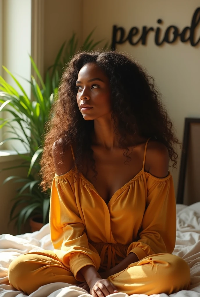 (photorealism:1.2), beautiful black woman, sitting on bed, wearing gold loose off-shoulder top, pajama pants, long curly gold hair, indoors, soft lighting, plants in background, window with sunlight, cozy room, relaxed pose, realistic, intricate details, warm colors, with the word PERIOD on the wall by Greg Rutkowski, by Alphonse Mucha