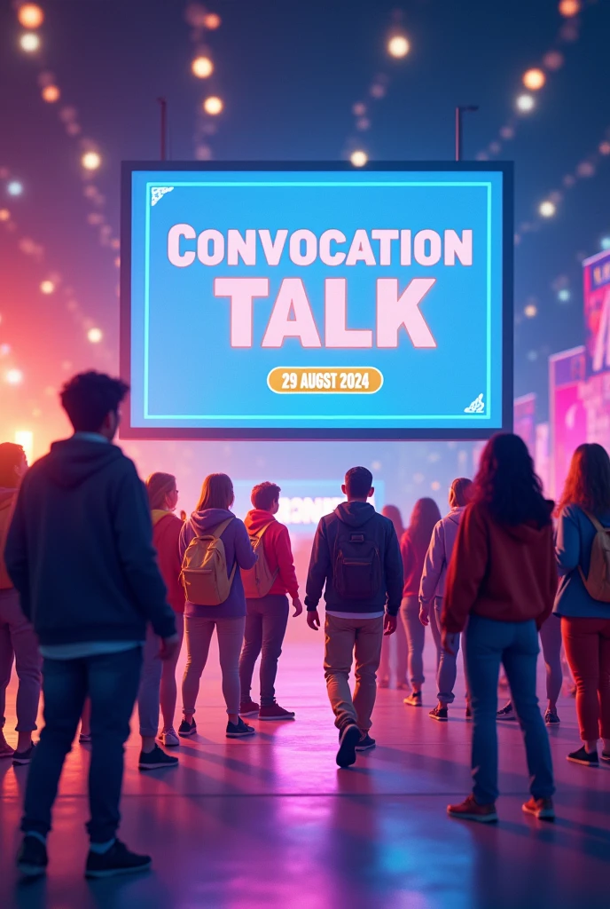 A horizontal poster for "Convocation Talk 2024" depicting led screen in the background with "Convocation Talk 2024" written on it with details of date "29 August 2024". Animated young adults standing in the background