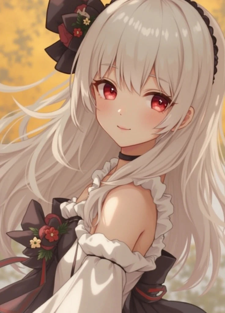 masterpiece, best quality, 1 Girl, Solitary, long_hair, Watching_exist_Viewer, white hair, Red Eyes, Smile, Bangs, skirt, shirt, long_sleeve, hexist, skirt, bow, Keep, closure_Mouth, flower, Ruffles, hair_flower, flower瓣, flower束, Keep_flower, center_Ruffles, cap, Keep_flower束, Standing picture, whole body, White background,