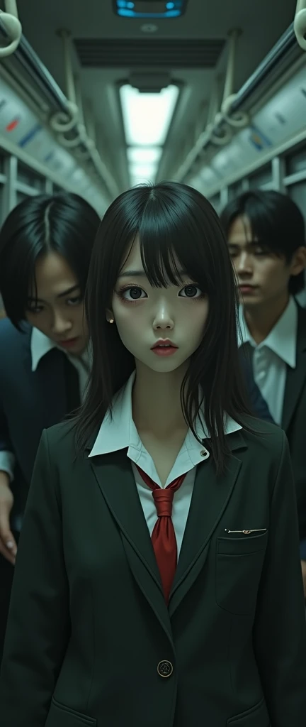 (32K:1.9, Horror depictions:1.9, Highest quality, masterpiece, Ultra-high resolution, Professional random angle camera work:1.5, Very detailedな肌と顔の質感:1.4), Always accurate, Very detailed, bag, (Cute Japan schoolgirl, A high school girl's blazer uniform with a red tie:1.6, Incredibly slim body:1.3, areola is not visible:1.4, Big breasts on the verge of collapse), ((Crowded train:2.0, Crazy behavior:1.9, in the train、Two young men hugging a woman from behind:1.7)), belt, Fair skin, elegant, sense of cleanliness, Thin eyebrows, (Scared:1.0, Puzzled:1.0, A look that shows deep contempt for you:1.0, Big eyes that exude beautiful eroticism:0.4, Open your mouth a little, lipstick, Feel the beautiful eroticism:1.0, Dark brown medium hair), Earrings, necklace, bracelet, romantic, mysterious, Object of admiration, original, dramatic, artistic, Innovative, charm, Heartful, Fancy, Tilt, sense of loss, special, ((exciting, Extreme, sense of openness, suffering, sufferingの表現)), ((Mistakes of Youth, 女性的なcharm))