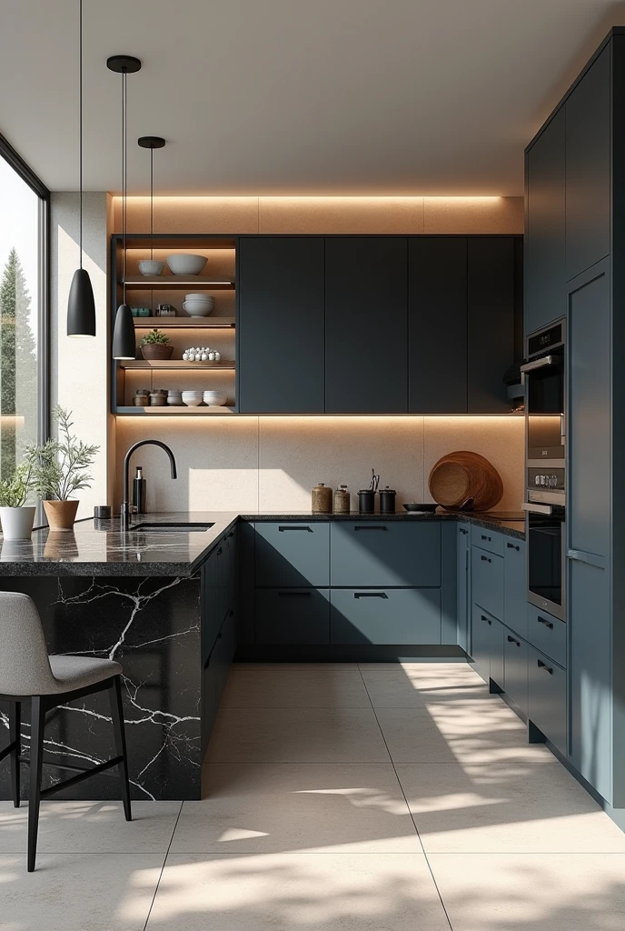 Professional 3d architecture rendering design of modern kitchen with So dark blue vintage and dark beige and dark gray cabinets and modern so light gray design chairs shiny black marble island island and modern windows and complete showing kitchen and showing complete kitchen and modern windows and showing complete kitchen