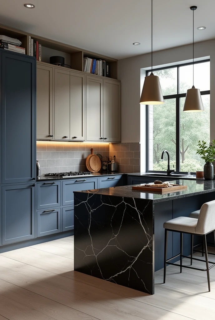 Professional 3d architecture rendering design of modern kitchen with So dark blue vintage and dark beige and dark gray cabinets and modern so light gray design chairs shiny black marble island island and modern windows and complete showing kitchen and showing complete kitchen and modern windows and showing complete kitchen